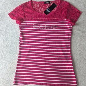 Pink and White Striped and Laced Babe T-Shirt Size L NEW